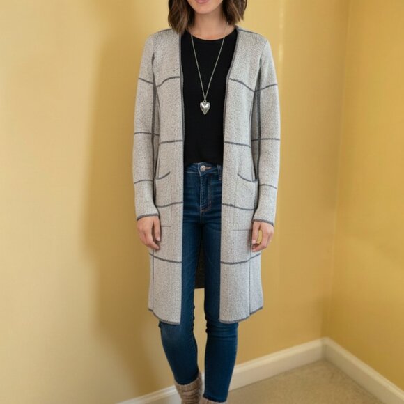 APT 9 heathered grey gray cream long sweater cardigan duster S - Picture 1 of 8